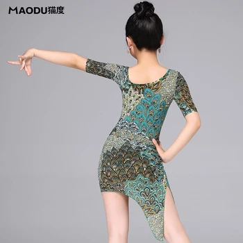 Nové módne páv Zelená latinskej tanca jednodielne šaty pre dievčatko/deti, spoločenský kostým výkon nosí MD7113
