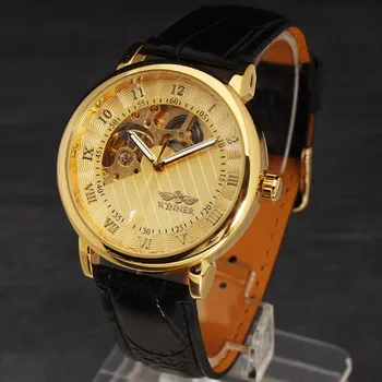 Nové Módne Zlaté Hodinky Mužov Luxusné Značky VÍŤAZ Duté Kostra Roman/arabčina Dial Kožený Remienok Mechanické Náramkové hodinky