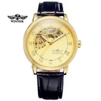 Nové Módne Zlaté Hodinky Mužov Luxusné Značky VÍŤAZ Duté Kostra Roman/arabčina Dial Kožený Remienok Mechanické Náramkové hodinky