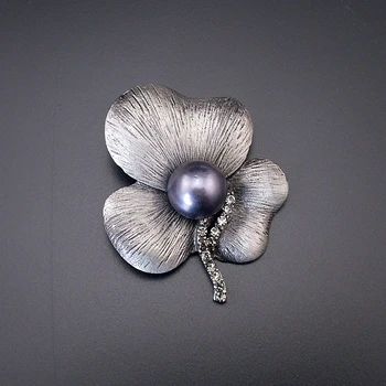 Nové Očarujúce Módne Žena Gray Pearl Antique Silver Drahokamu Kvet Čierny Tón, 3 Listy Tin Brošňa Pin 2018 Položka Č.: BH7948