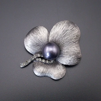 Nové Očarujúce Módne Žena Gray Pearl Antique Silver Drahokamu Kvet Čierny Tón, 3 Listy Tin Brošňa Pin 2018 Položka Č.: BH7948