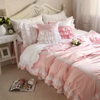 Nové sladké čipky ružové obliečky nastaviť patchwork prehrabať perinu vrások posteľ list spálne dekorácie, posteľná bielizeň princezná posteľná bielizeň sady