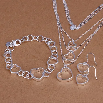 Nové strieborné pozlátené šperky set Európsky štýl romantický triple reťazca visí duté srdce náhrdelník náramky Náušnice Kvapka S149