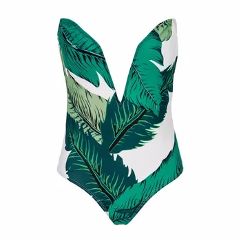 Nové Zelenej Listovej Tlač Hlboké V jednodielnych Plaviek Vysoký Pás Plavky s Push up Monokiny Ženy Vystrihnúť Kombinézu Trikot plavky