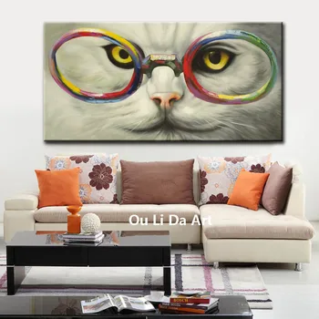 NOVÉ zobrazenie cartoon zvierat mačka okuliare plátno potlače olej obrazy tlačené na plátne chlapec, izba wall art decoration obrázok