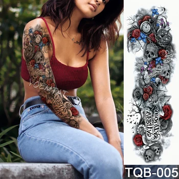 NOVÝ 48*17 cm Plný Kvet Arm Tattoo Nálepky, Farbu očí ruže hodiny Dočasné Telo farba Vody Prenos falošné Tetovanie rukáv