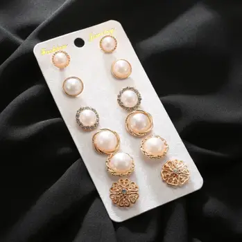 Nový 6 Párov 1 Sada Zlatá Farba Kvetu Duté Stud Vintage Náušnice Crystal Simulované Pearl Náušnice Set Pre Ženy, Svadobné Šperky