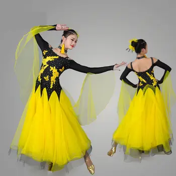 Nový big swing flitrami štandardné ballroom dance šaty prispôsobiť odborné dlhý rukáv tango valčík tanečnej súťaže kostýmy