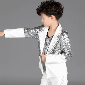 Nový chlapci bunda sequined vyhovovali deti klavír tanečný zbor kostýmy fáze oblečenie Moderátor