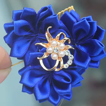Nový Dizajn Kráľovská Modrá 3 Satin Kvety, Svadobné Boutonniere Ženícha Zlatá Brošňa Nevesty Svadobné Šaty Corsage Kvet