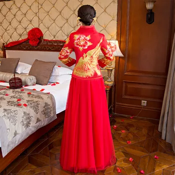 Nový Dizajn Phoenix vyšívané Cheongsam červené Šaty Nevesta Svadobné Qipao Čínske Tradičné Svadobné Šaty Orientálny Plášť Chinoise