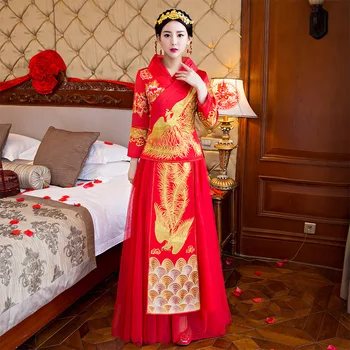 Nový Dizajn Phoenix vyšívané Cheongsam červené Šaty Nevesta Svadobné Qipao Čínske Tradičné Svadobné Šaty Orientálny Plášť Chinoise