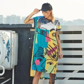 Nový Pre-Predaj 2018 Móda Tlačené Šaty Pre Ženy Cartoon Graffiti Rovné Dlhé Tričká Šaty Streetwear Hip Hop Dance Handričkou