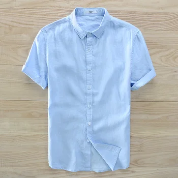 Nový príchod leta 2018 krátky rukáv plátenná košeľa mužov značky módnych mužov košele ľanu zase dole golier nebo modré tričko pánske košieľka