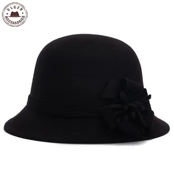 Nový príchod zimy kvet elegantné ženy fedora klobúk Ležérny štýl žien cítil black cloche klobúky dámy cirkvi Tvrdý čiapky