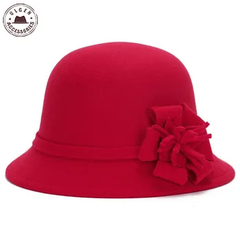 Nový príchod zimy kvet elegantné ženy fedora klobúk Ležérny štýl žien cítil black cloche klobúky dámy cirkvi Tvrdý čiapky