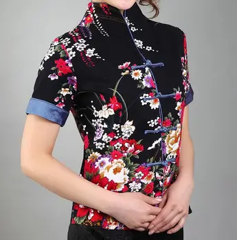 Nový Príchod Čierna Vintage Čínskych Žien V-Neck Tričko Top Mujeres Camisa Krátke Rukávy Blúzka, Veľkosť S M L XL XXL XXXL Mny-003B