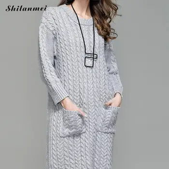 Nový Twist Ženy dlhý sveter šaty 2017 Zimné kórejský dlhý rukáv Pletené Maxi Šaty Elegantné Štíhle Pružné Rozdelenie Šaty Vestidos