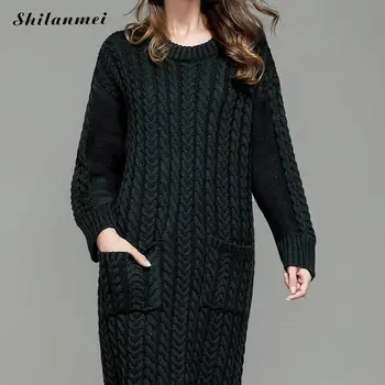 Nový Twist Ženy dlhý sveter šaty 2017 Zimné kórejský dlhý rukáv Pletené Maxi Šaty Elegantné Štíhle Pružné Rozdelenie Šaty Vestidos