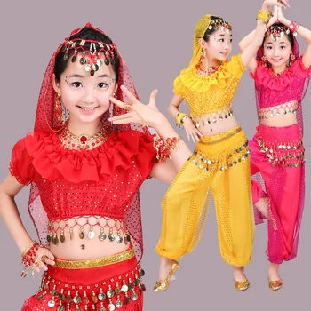 Nový štýl dievčatá, Brušný Tanec Kostým Detský Indický Tanec Šaty Dieťa Bollywood Dance Kostýmy pre Dievčatá červená/rose/žltá 3 farby