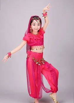 Nový štýl dievčatá, Brušný Tanec Kostým Detský Indický Tanec Šaty Dieťa Bollywood Dance Kostýmy pre Dievčatá červená/rose/žltá 3 farby