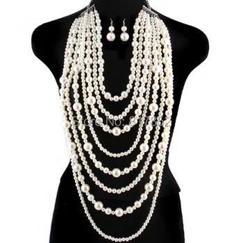 Nový Štýl P08 Ženy Fashion White Imitácie Perál Telo Šperky Vrstvy Perly, Korálky Náhrdelníky Náušnice Telo Šperky