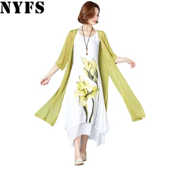 NYFS 2018 Nové letné šaty opaľovací Krém Dva kusy Bavlnená posteľná Bielizeň ženy dlhé Šaty Vestidos Župan Elbise