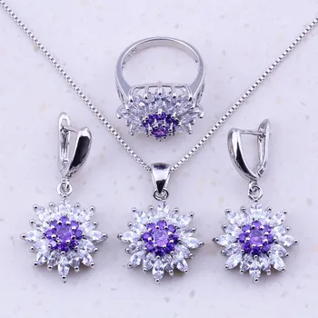 Nádherné Fialové Crystal & Kubický Zirkón 925 Sterling Silver Kvetinové Šperky Sady Pre Ženy Módne Šperky J0038