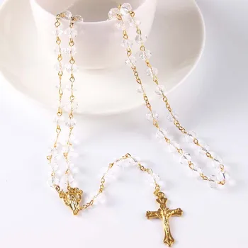 Náhrdelník Náboženských Kresťanských Ozdoby Kríž vysoko kvalitné krištáľové perly Ruženca biela farba