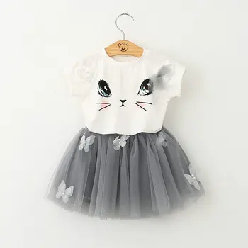 Oblečenie pre dievčatá mačka vytlačené baby dievčatá oblečenie set krátky rukáv t-shirt+ závoj, sukne set 2ks sivá/ ružová 2color