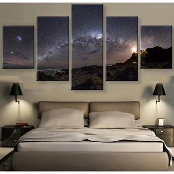 Obývacia Izba Domova Wall Art Obrázky HD Vytlačené 5 Panel Mliečnej dráhy Hviezd Modernej Maľby Na Plátne, Plagát Rámec