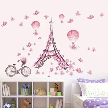 Odnímateľné Steny Nálepka Pre Deti, Dievčatá Izby Eiffelova Veža Motýľ Bicykli Ballon Wall Art Odtlačkový Domova Nástenná Maľba