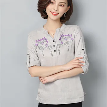 Office lady bavlny a ľanu tvaru dlhý rukáv príležitostné voľné ženy blúzka 2018 nové jar leto vyšívané tričko top blusas