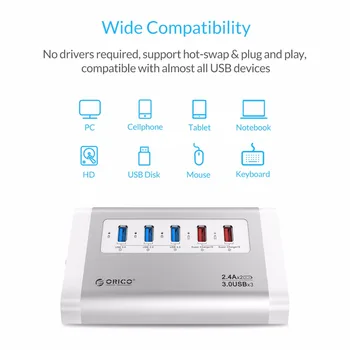 ORICO USB3.0 HUB 3 porty SuperSpeed s 2 USB Nabíjanie Zásuvky sieťový Adaptér 5Gbps Splitter EÚ a USA Konektor na Mobil Tablet