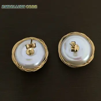 Originál NOVÝ Dizajn Ručné elegantné Barokové biela zlatá farba ploché okrúhle Tlačidlá mince prírodných sladkovodných perál stud náušnice
