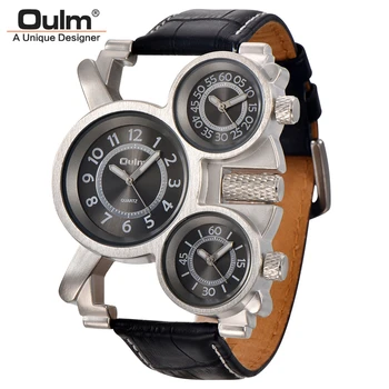 Oulm Viaceré Časové Pásmo Muž Quartz Hodinky Bežné Kožený Remienok Náramkové hodinky, Luxusné Značky Mužov Vojenskej Hodinky montre homme