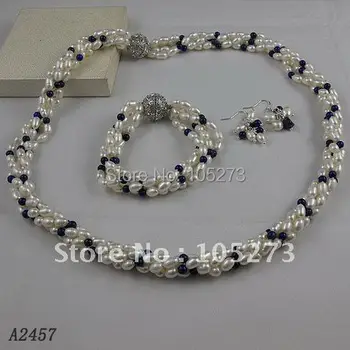 Očarujúce!pearl šperky set AA 4-6 mm lapis&white Pravých sladkovodných perlový náhrdelník náramok náušnice Hot predaj, doprava zdarma A2457