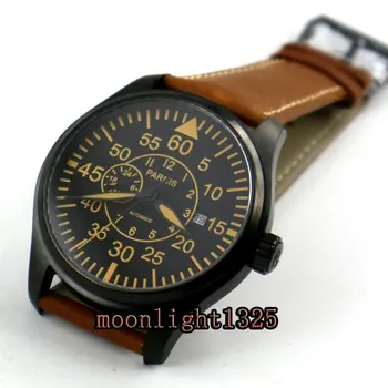 Parnis 44 mm black dial zafírové sklo PVD prípade, 21 šperky MIYOTA Automatické pánske náramkové hodinky