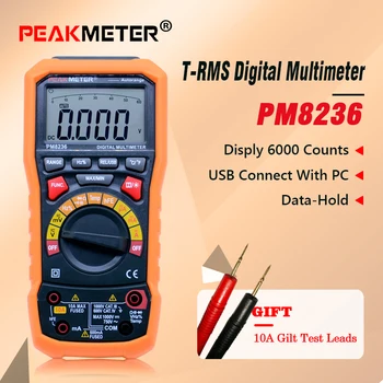 PEAKMETER MS8236 6000 Počíta Digitálny Multimeter s T-RMS / USB 1000V 10A 60 M Ohm 100mF 10MHz zapnutia Teplota