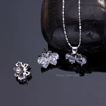 Pera Módne Kórejský Dámy Príslušenstvo Clear White Butterfly Cubic Zirconia Kameň Mincový Striebro Šperky Set Pre Ženy J069