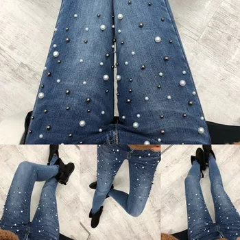 Perly lištovanie skinny džínsov Ženy 's slim nit pearl džínsy 2018 Letné módy strečové nohavice kovboj Svetlo modré nohavice
