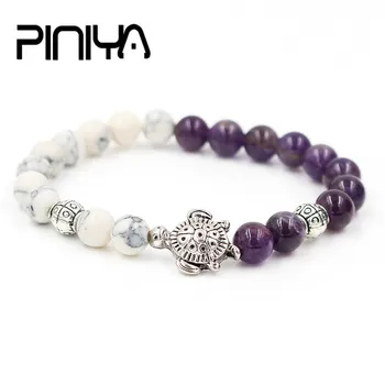 PINIYA Drop Shipping Prírodné 8MM Purple Stone & White Howlite Kameň Perličiek Korytnačka Kúzlo Elastické Dievča, Darček Náramok Zvierat Šperky
