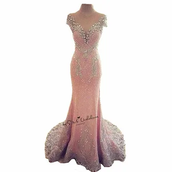 Pink Elegantné Skromné Dlhé Šaty Ples 2018 Korálky Čipky Spp Rukáv Vestidos de Gala Backless Courte Formálne Večerné Party Šaty