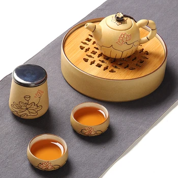 PINNY Ručne Maľované Lotus Keramické Prenosné Čaj Nastaviť Vintage Cestovné Kung Fu Teapots S Bambusom Čaju Zásobník Šálku Čaju Keramická Kanvica
