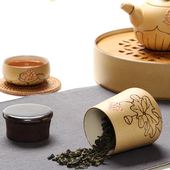 PINNY Ručne Maľované Lotus Keramické Prenosné Čaj Nastaviť Vintage Cestovné Kung Fu Teapots S Bambusom Čaju Zásobník Šálku Čaju Keramická Kanvica