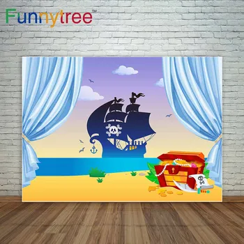 Pirátska loď treasure mora pláž roztomilý kreslený štýl pozadia fotografie pozadia photocall rád foto štúdio