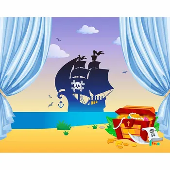 Pirátska loď treasure mora pláž roztomilý kreslený štýl pozadia fotografie pozadia photocall rád foto štúdio