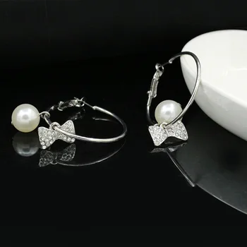 Plný Crystal Luk & White Simulované Pearl Loptu Prívesok, Striebro Hoop Náušnice pre Ženy Módne Šperky