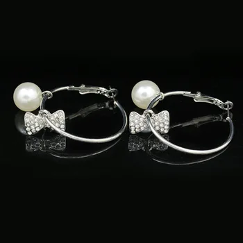 Plný Crystal Luk & White Simulované Pearl Loptu Prívesok, Striebro Hoop Náušnice pre Ženy Módne Šperky