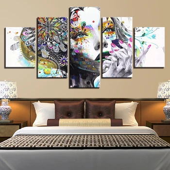 Plátno na maľovanie steny v obývacej izbe umenie rám 5 modulárny psychedelic dievča tvár foto tlač plagátov domáce dekorácie umenie